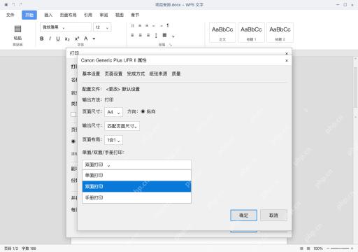 模拟 WPS 文字：在驱动里选择双面打印