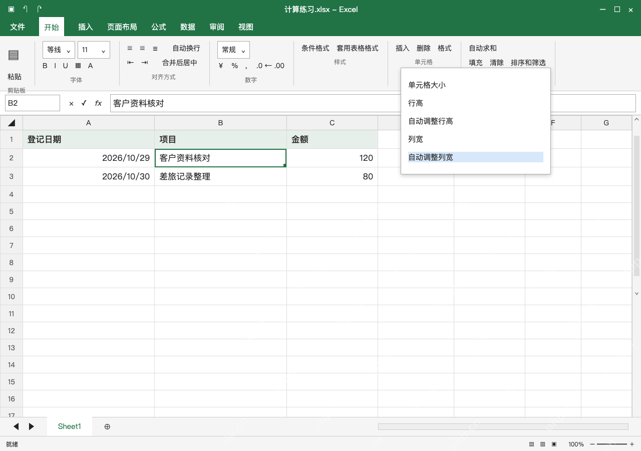 模拟 Microsoft Excel Windows桌面版 完整窗口:也可用开始里的自动调整列宽