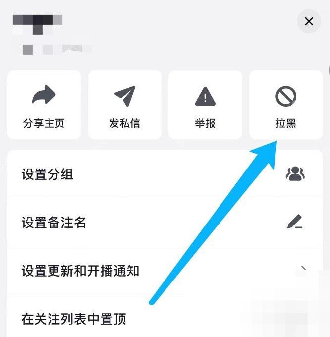 抖音主页更多面板中的拉黑按钮