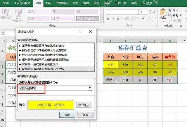 Excel库存汇总表低库存行被条件格式高亮