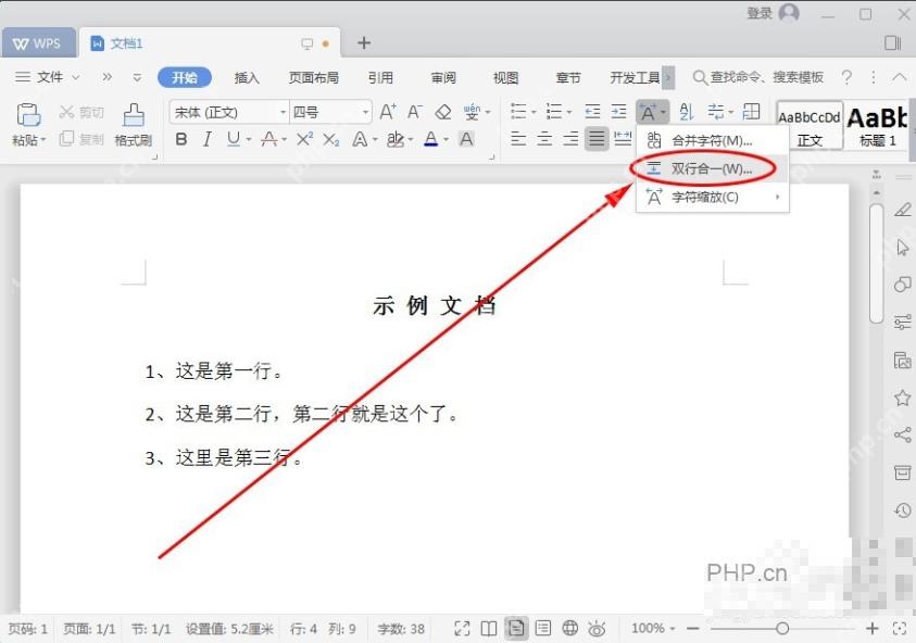 WPS 文字中文版式菜单中选择双行合一命令