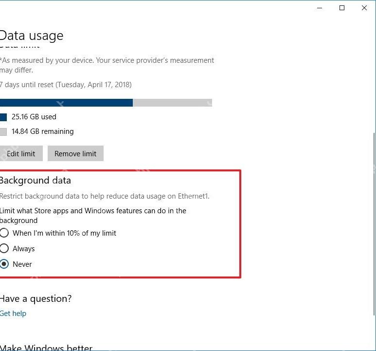 Win10 数据使用量页面中的背景数据选项
