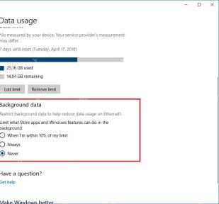 Win10 数据使用量页面中的背景数据选项