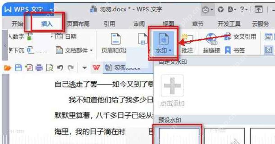 WPS 文字插入选项卡里展开水印菜单的位置