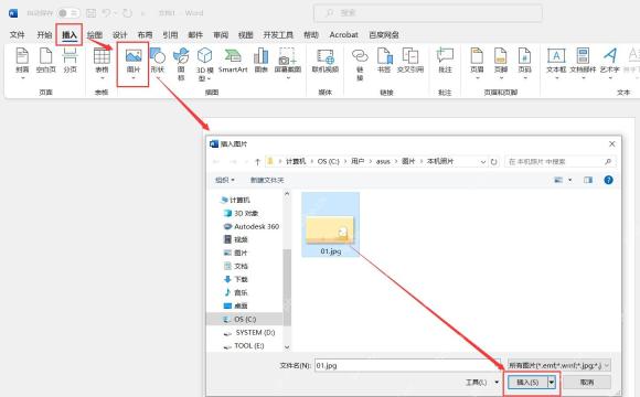 Word 插入选项卡中选择本机图片作为背景