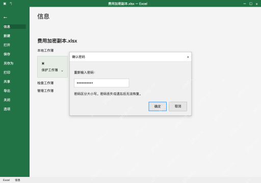 模拟 Microsoft Excel Windows桌面版 完整窗口：输入密码并再次确认，别只关闭窗口