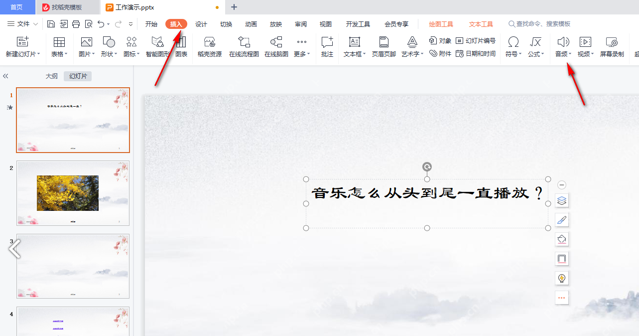 WPS 演示插入选项卡中音频入口用于插入背景音乐