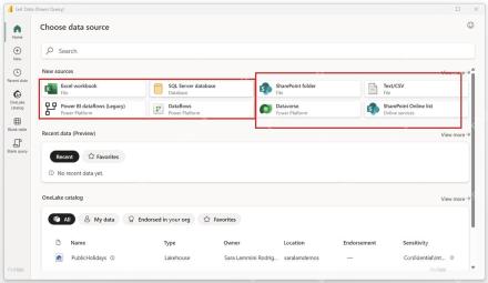 Power BI Desktop 获取数据窗口中可选择 Excel、SQL Server、SharePoint 和 CSV 等数据源