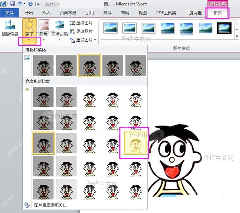 Word 更正菜单中选择亮度和对比度预设后图片变亮