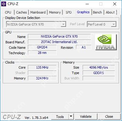 CPU-Z Graphics 标签页显示 NVIDIA GeForce GTX 970 显卡参数