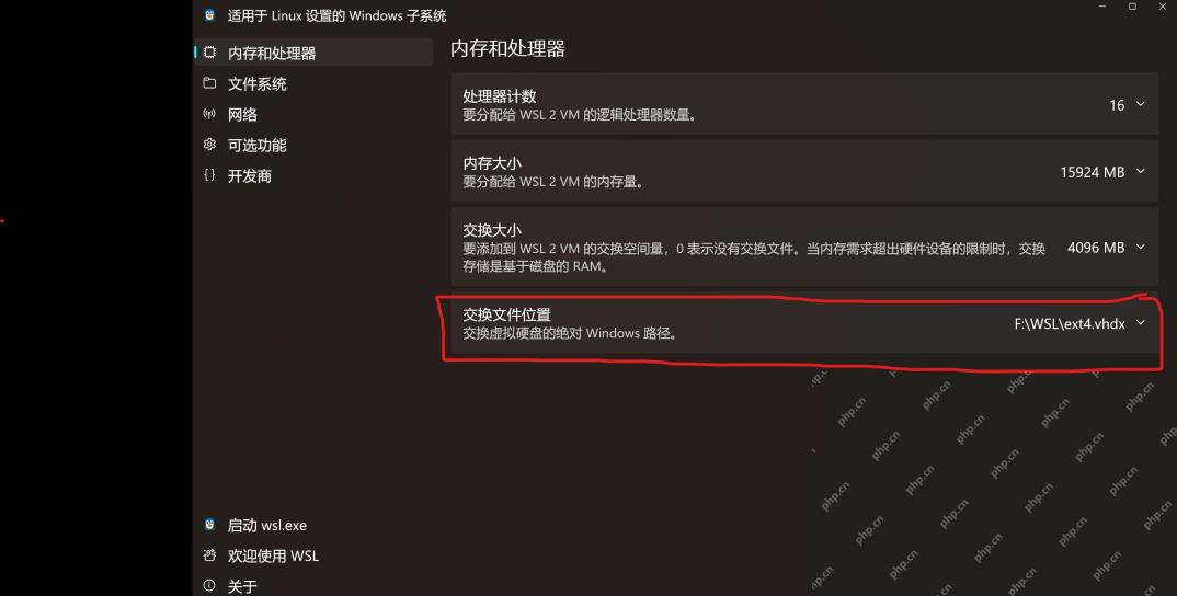 中文版 WSL 设置界面显示内存和处理器资源项