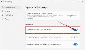 OneDrive Settings同步和备份页面显示Start OneDrive when I sign in to Windows开关