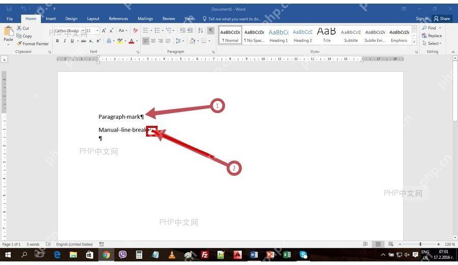 Word 文档行尾的手动换行符弯箭头被标出