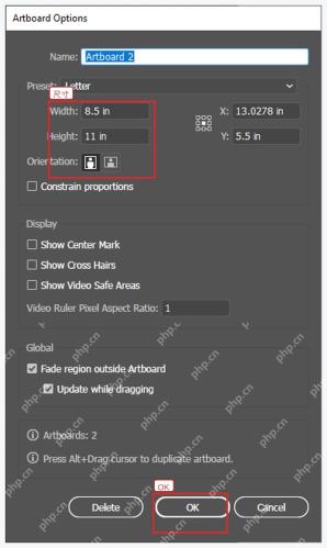 Illustrator Artboard Options 对话框中的 Width 和 Height