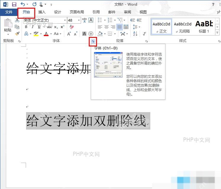 字体对话框中双删除线复选框勾选状态