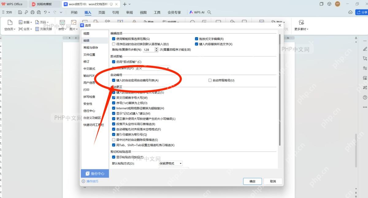 WPS选项中取消键入时自动编号
