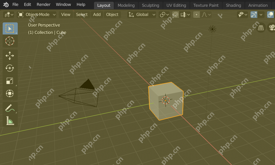 Blender 默认场景显示顶部 Add 菜单、3D Viewport 和中心立方体