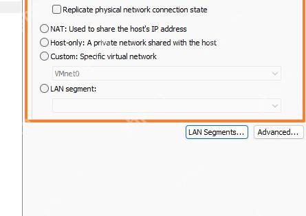 VMware Workstation Network Adapter 区域高亮 Bridged 直接连接物理网络选项