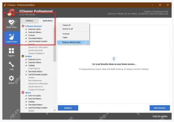 CCleaner Windows 电脑端 Custom Clean 右键菜单里的 Restore default state