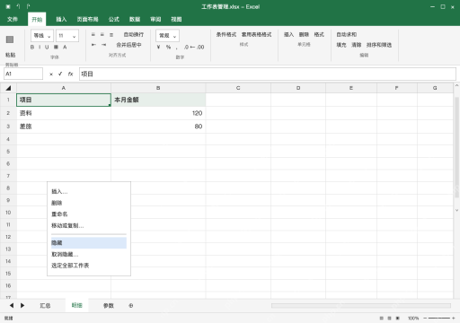 模拟 Microsoft Excel Windows桌面版 完整窗口：右键明细标签，确认不是行列菜单