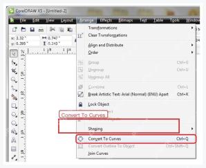 CorelDRAW Arrange 菜单中的 Convert To Curves 命令