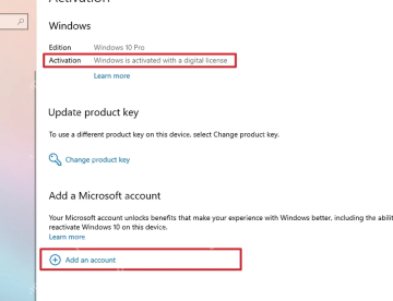 Win10 激活页 Add a Microsoft account 区域用于绑定数字许可证