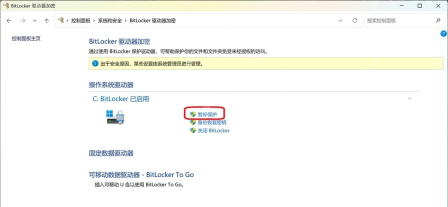Win10 BitLocker 驱动器加密页面查看需要暂停保护的磁盘