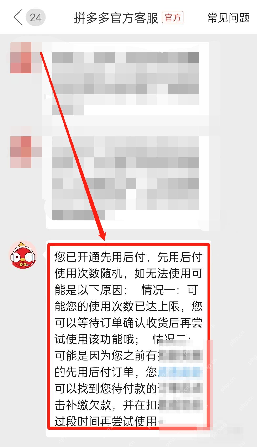 拼多多官方客服回复中的先用后付异常原因说明