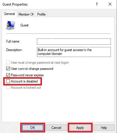 Win10 Guest Properties 中 Account is disabled 已勾选