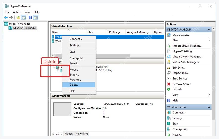 Hyper-V 管理器右键菜单中的 Delete 删除虚拟机