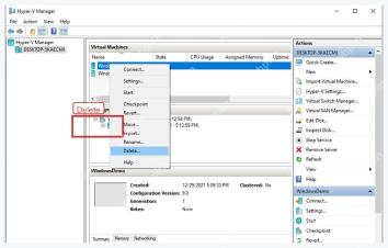 Hyper-V 管理器右键菜单中的 Delete 删除虚拟机