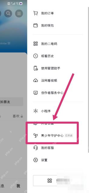 抖音侧边菜单中的青少年守护中心入口