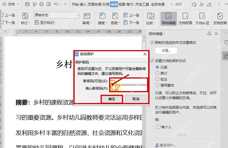 WPS 启动保护窗口中输入并确认保护密码