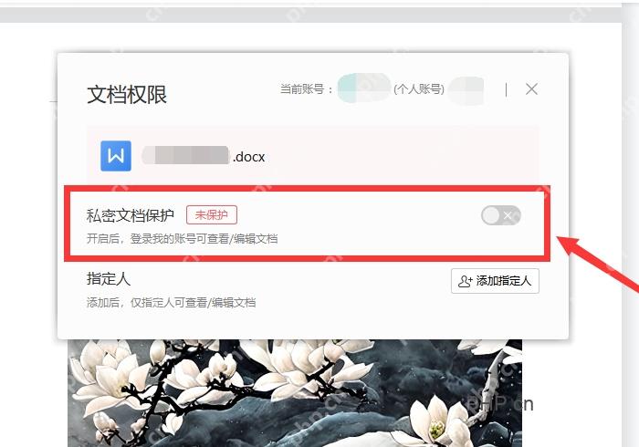 WPS文档权限窗口中私密文档保护开关用于第三步开启保护