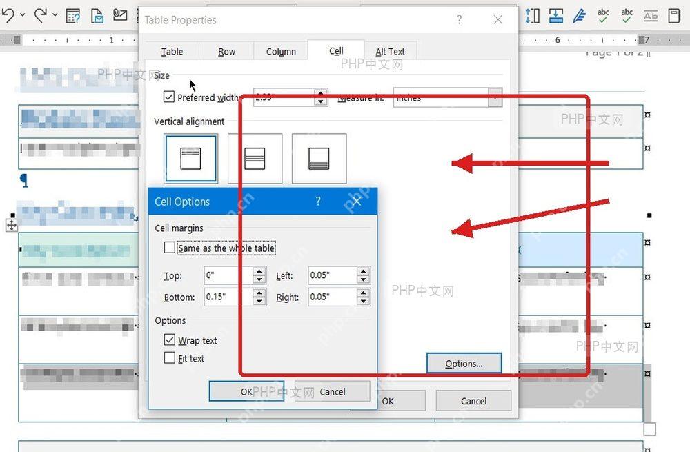 Word Table Options 对话框中的默认单元格边距设置