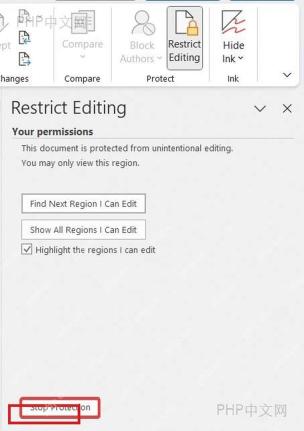 Word 审阅选项卡中的 Restrict Editing 面板和 Stop Protection 按钮,服务于停止限制编辑步骤