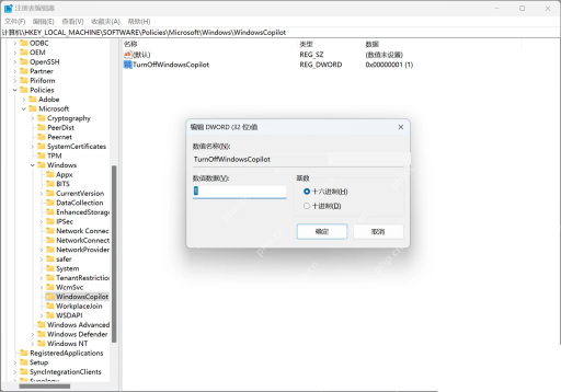 Win11 注册表中 TurnOffWindowsCopilot 值