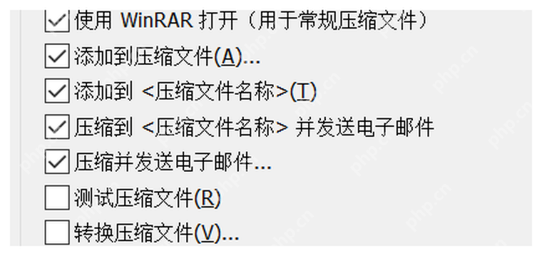 WinRAR 中文关联菜单项目窗口显示添加到压缩文件和添加到文件名压缩包命令,对应勾选压缩选项。