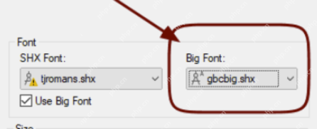 Windows AutoCAD 中文文字显示问号支持页中的 gbcbig.shx Big Font 替代提示截图,证明文字问号时要先检查 Big Font 替代。