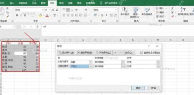 Excel 表格中选中含标题行的数据区域，用于后续自定义和多条件排序