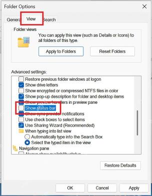 Win11 文件夹选项查看页勾选 Show status bar