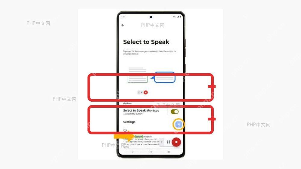 Android 辅助功能里的 Select to Speak 随选朗读设置页,标出开关和快捷方式,对应扫描件 PDF 的兜底朗读方案这一步