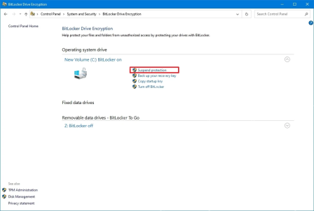 Win10 BitLocker 页面点击 Suspend protection 暂停保护