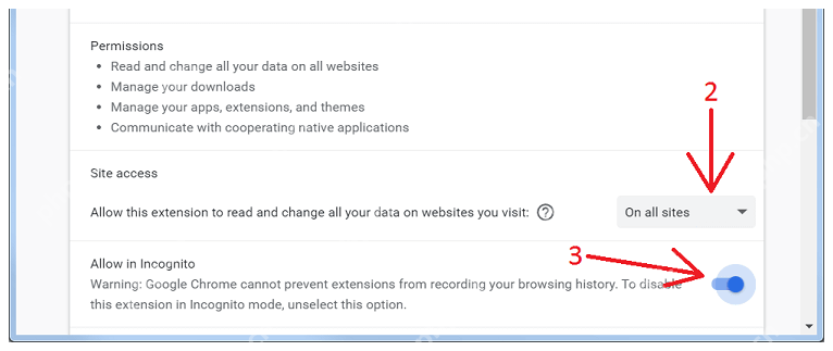 Chrome 扩展权限、站点访问和无痕区域,对应修复后重新放权。