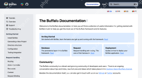Buffalo 官方文档首页展示 Getting Started、Database、Request 和 Deployment 分类