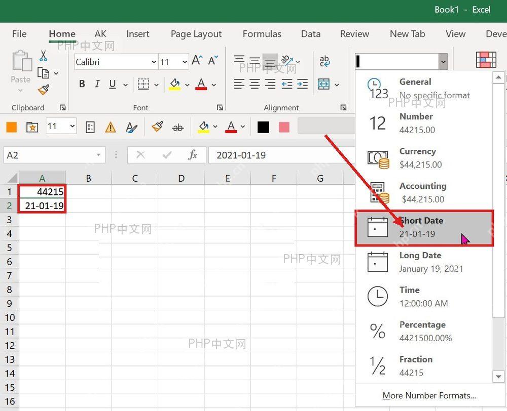 Excel 开始选项卡数字格式下拉菜单选择 Short Date 将数字显示为日期