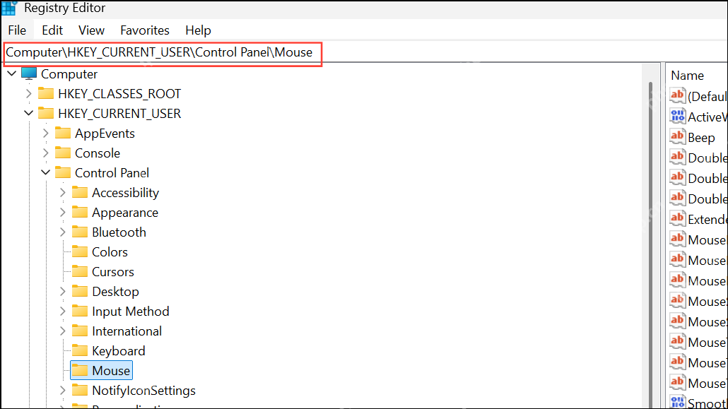 Windows 注册表编辑器中定位 HKEY_CURRENT_USER Control Panel Mouse