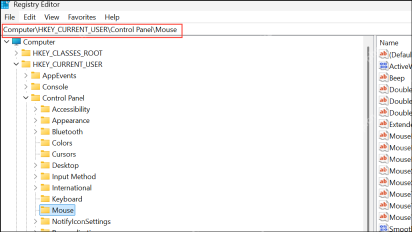 Windows 注册表编辑器中定位 HKEY_CURRENT_USER Control Panel Mouse