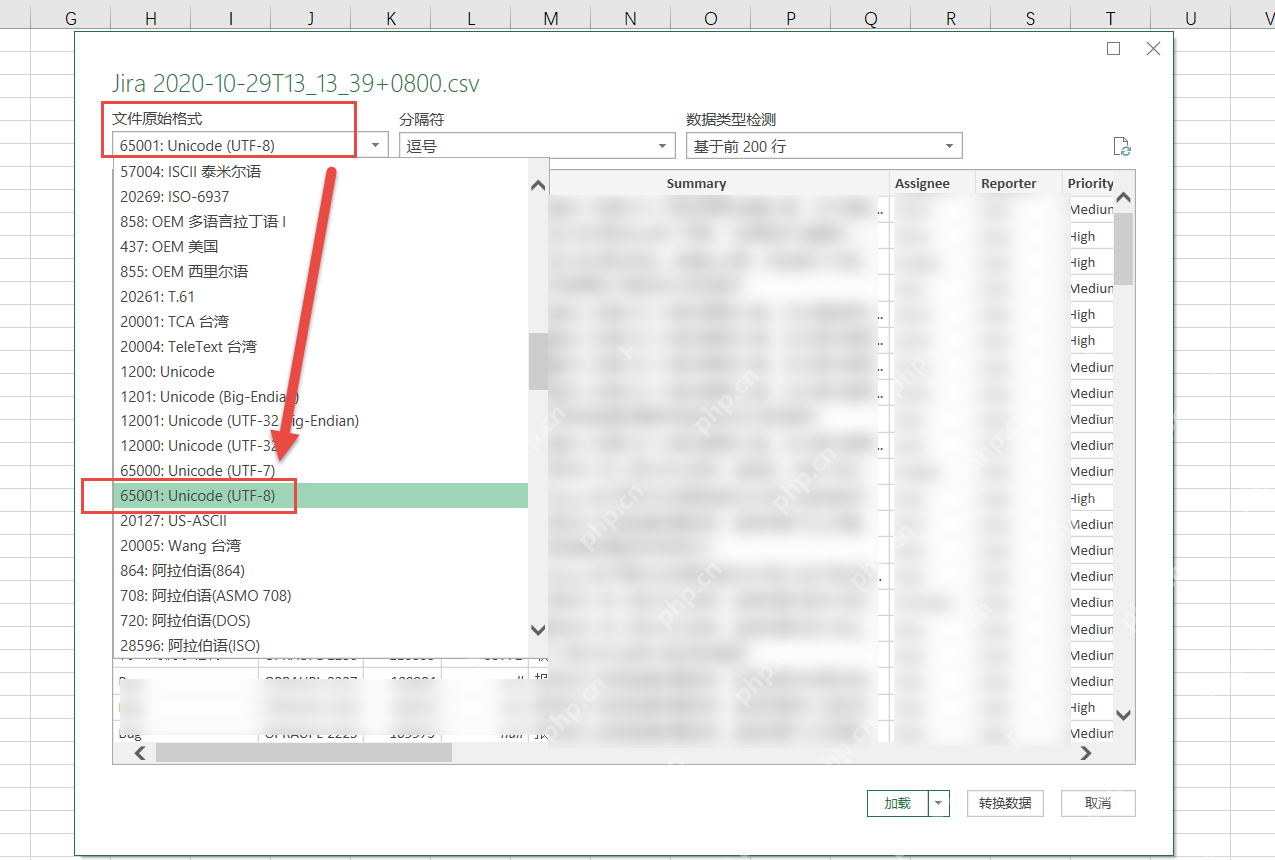 Excel导入CSV时在文件原始格式中选择65001 Unicode UTF-8