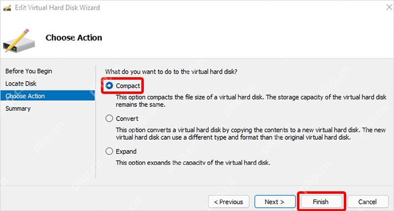 Win10 Edit Virtual Hard Disk Wizard 中选择 Compact 压缩虚拟硬盘